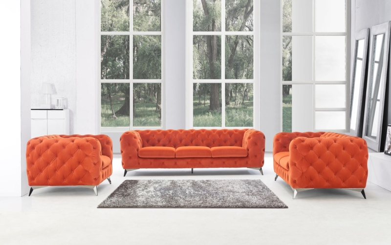 Orange Chesterfield Sofa Set with Polished Metal Legs