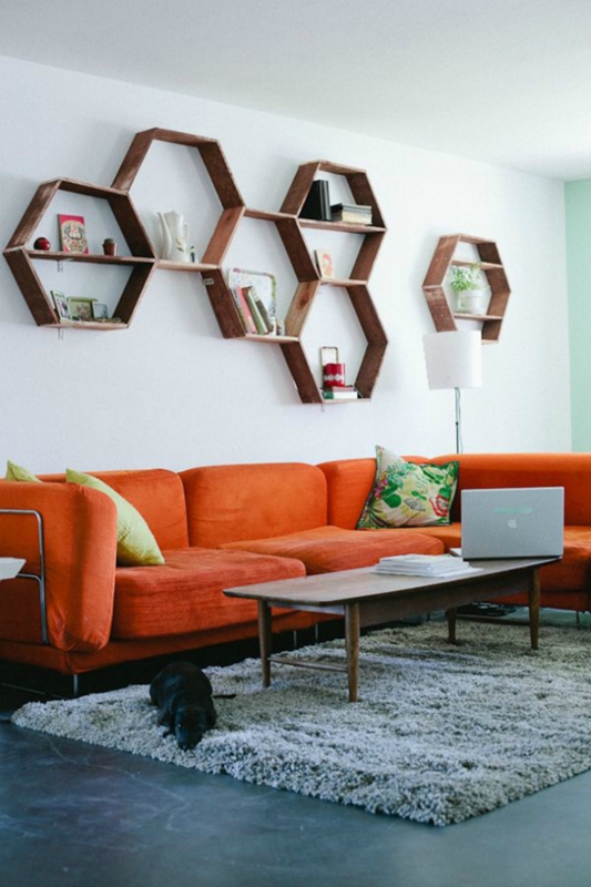Orange L-Shaped Sectional Sofa with Low Profile
