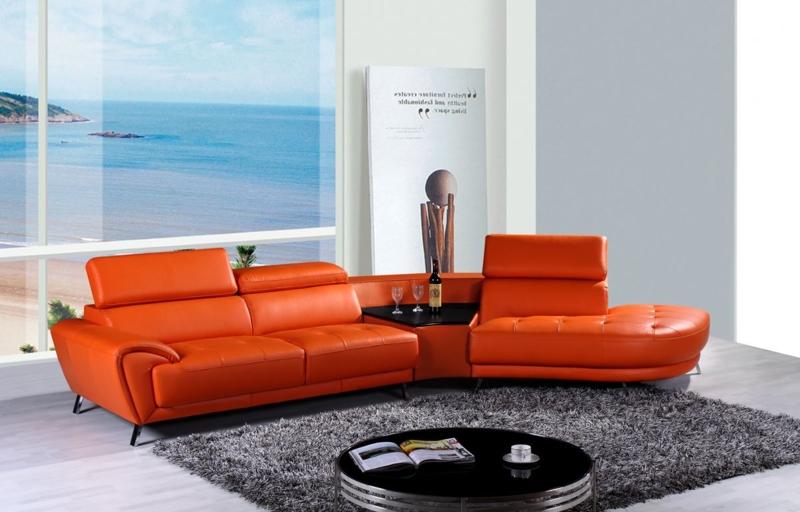 Orange Leather Sectional with Integrated Corner Table