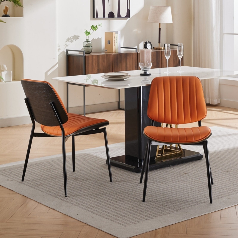 Orange Ribbed Upholstery Dining Chairs with Bentwood Backs