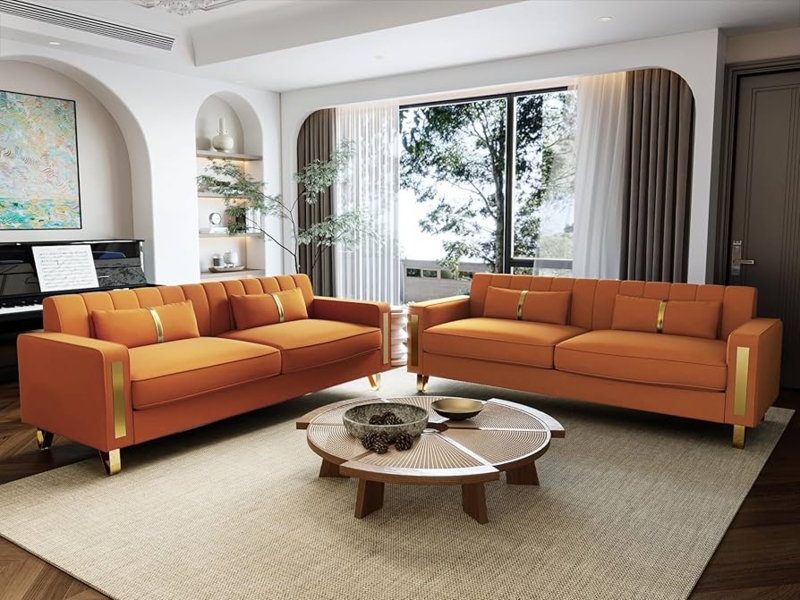 Orange Velvet Sofa Set with Gold Legs and Channel Tufting