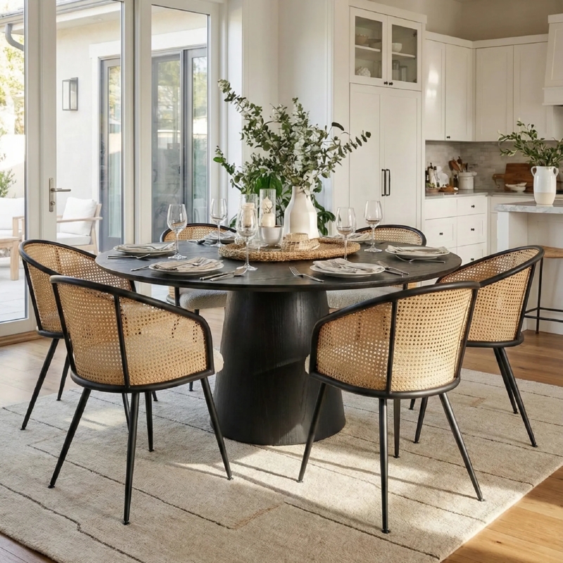 Orchid & Jules 60" Solid Oak Round Dining Table Set for 6 (7-Piece)