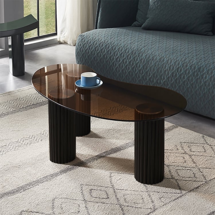 Organic Coffee Table with Brown Tinted Glass and Fluted Tripod Legs