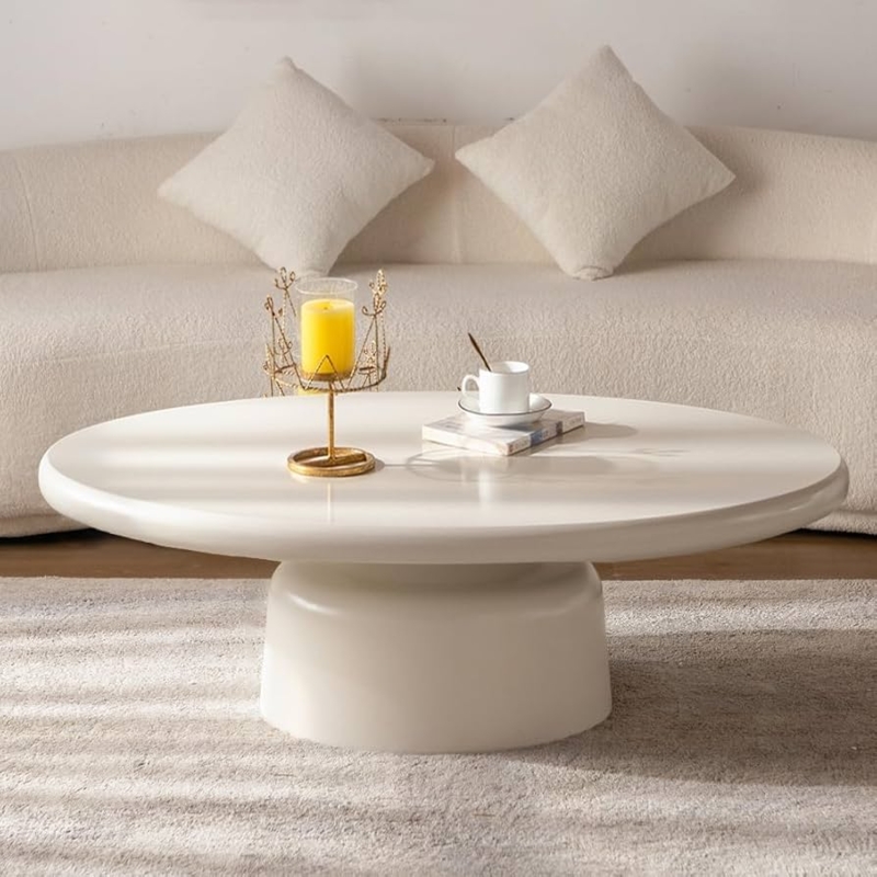 Organic Modern Coffee Table Cream Oval Thick Pedestal Base Matte