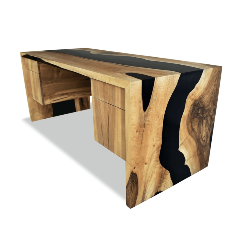 Organic Modern Desk with Waterfall Edge and Black Resin River Inlay