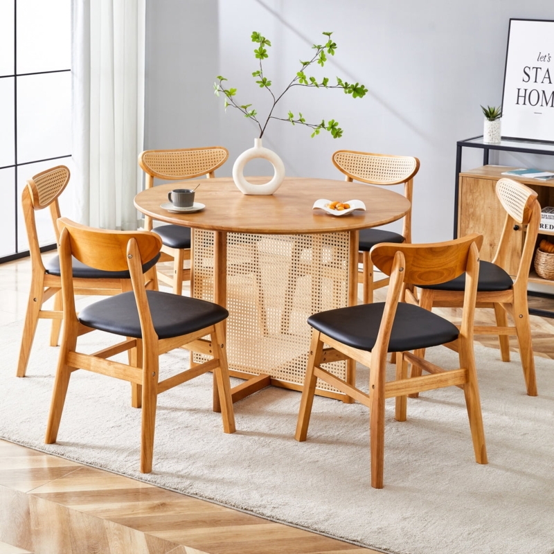 Organic Modern Dining Table Set with Cane Wrapped Pedestal Base