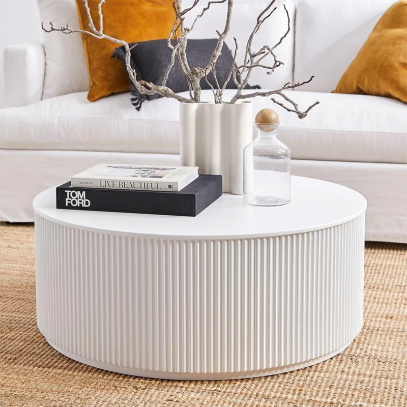 Organic Modern Drum Coffee Table featuring a Ribbed White Base