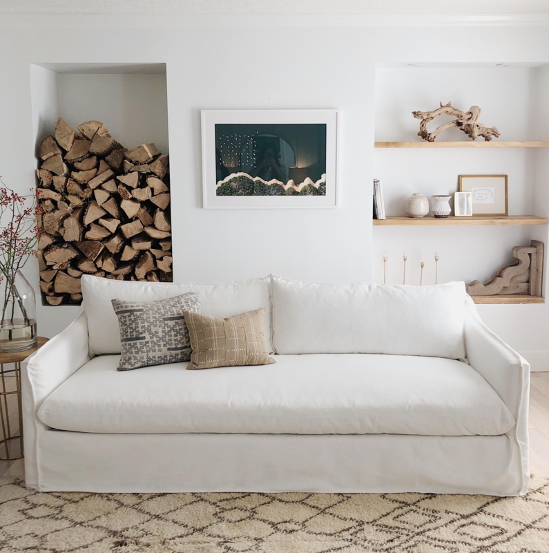 Organic Modern Sofa Styling with White Slipcover and Track Arms