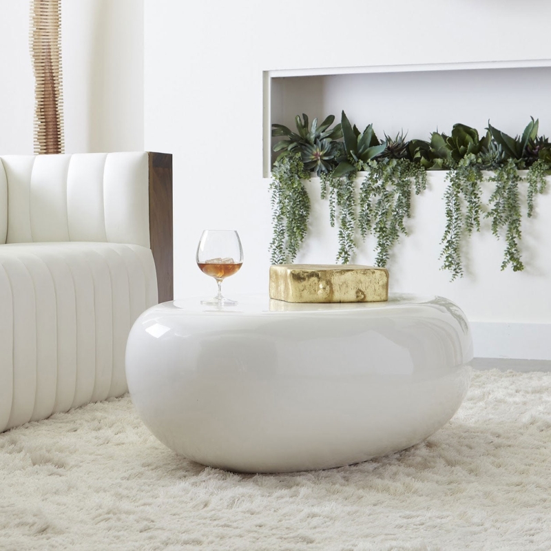 Organic Shaped White Cocktail Table Glossy Pebble Form Sculptural