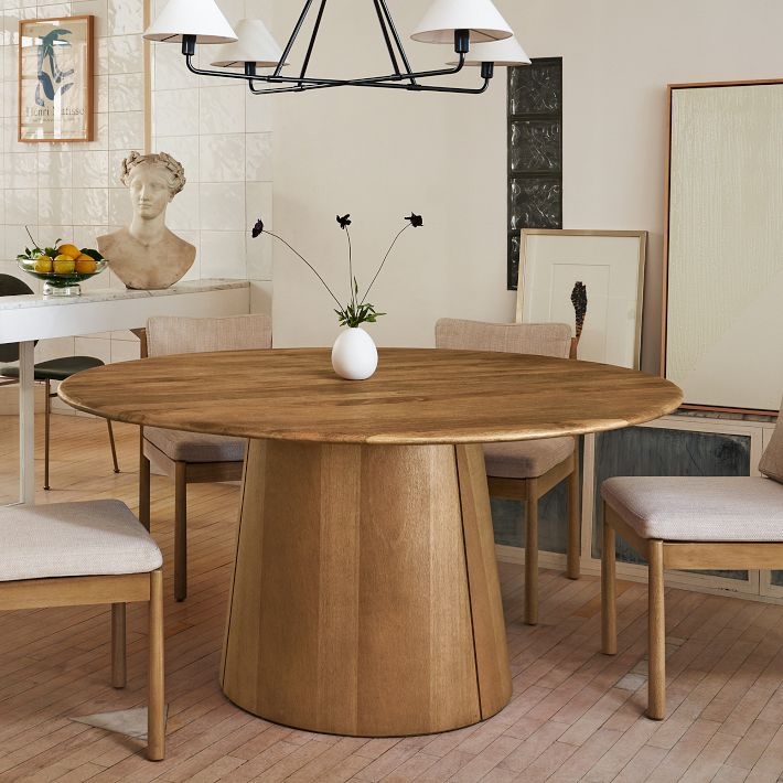 Organic Wood Round Dining Table with Faceted Pedestal Base