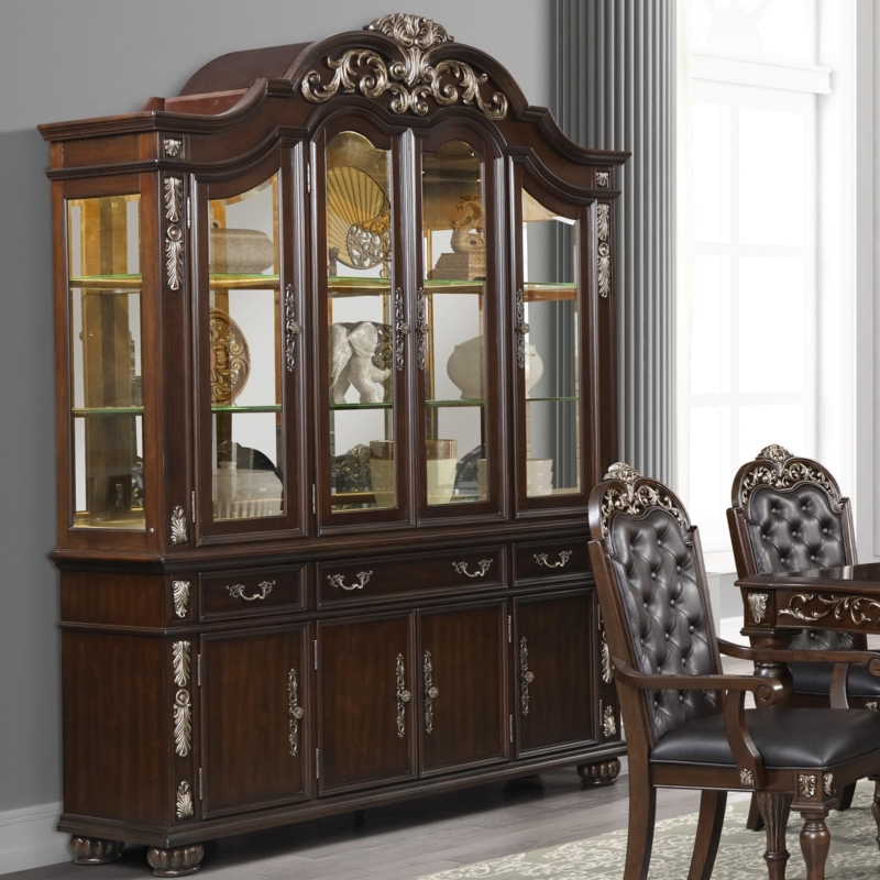 Ornate China Cabinet with Arched Top and Silver Accents
