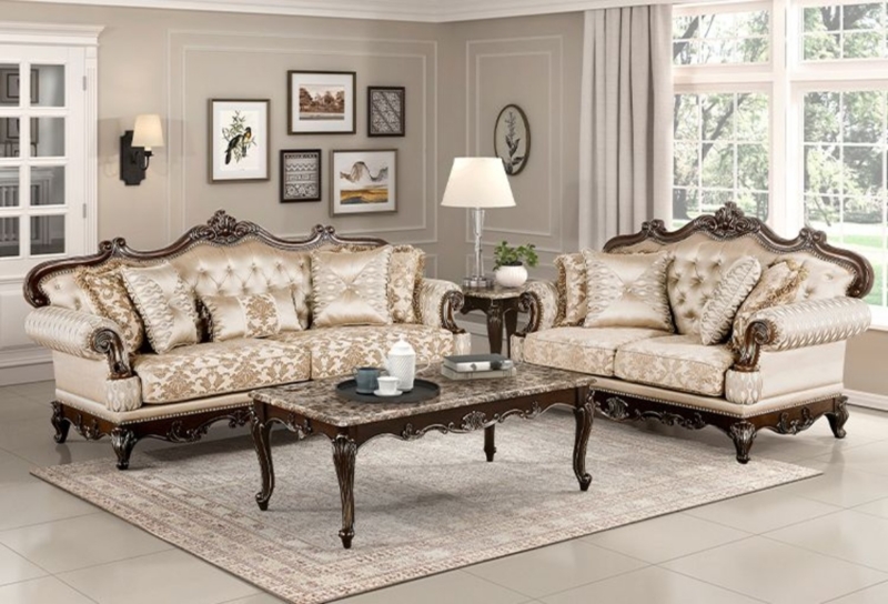 Ornate Living Room Set, Gold Damask Upholstery with Carved Wood Trim
