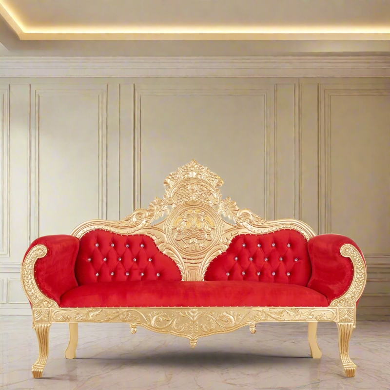 Ornate Royal Sofa in Ruby Velvet with Carved Gold Frame