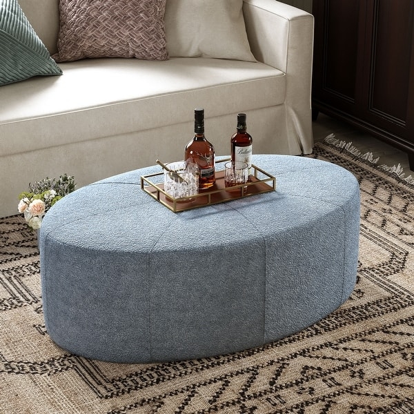 Ottoman Oval Silhouette Dusty Blue Chenille, Textured Stitched Seams