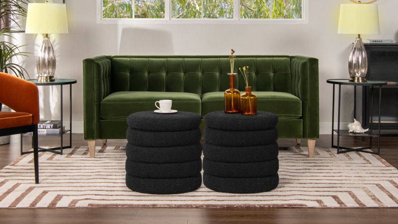 Ottoman Round Black Boucle Tiered Design with Tapered Legs
