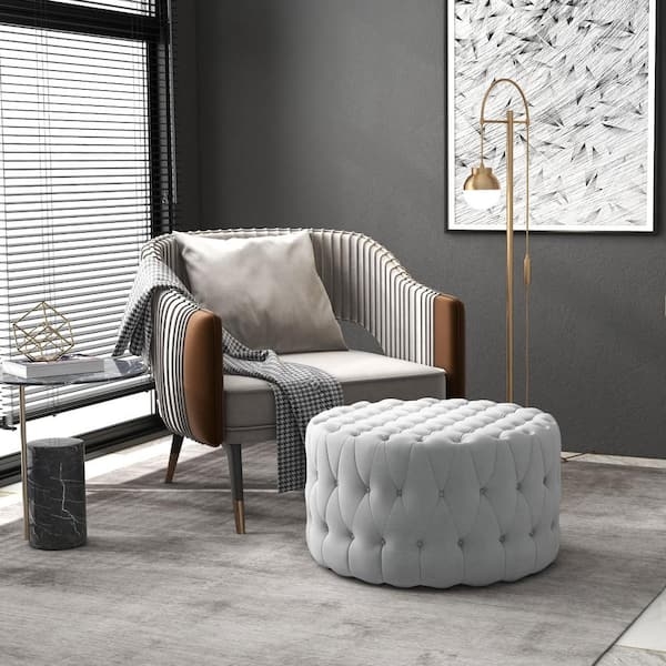 Ottoman Round Button Tufted Velvet Like Fabric Glam Footstool