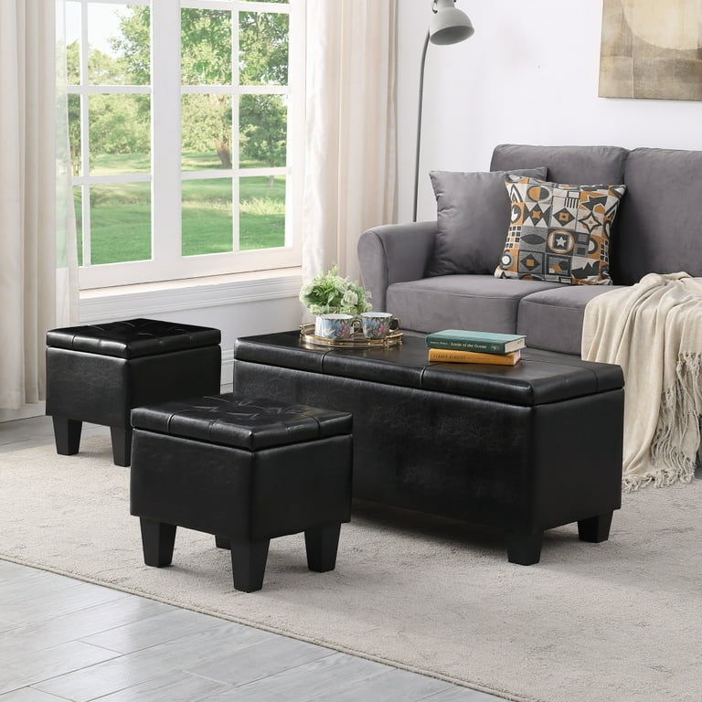 Ottoman Set 3-Piece Tufted PU Leather with Storage Bench