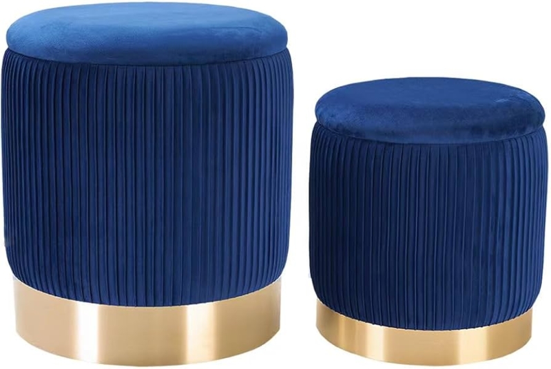 Ottoman Set of 2 Cobalt Blue Pleated Velvet Gold Base Stools