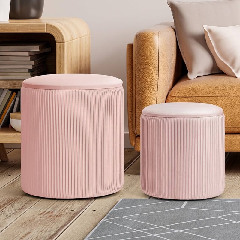 Ottoman Set of Two Cylindrical Velvet with Ribbed Texture Sides