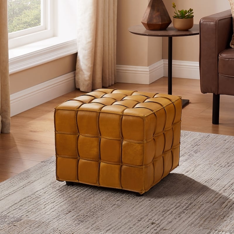Ottoman Textured Cube Cognac Leather Look Grid Quilted Panels
