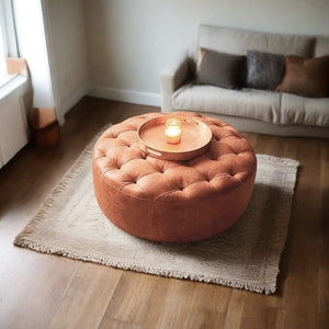 Ottoman Tufted Round Leather Moroccan Style Oversized Tan