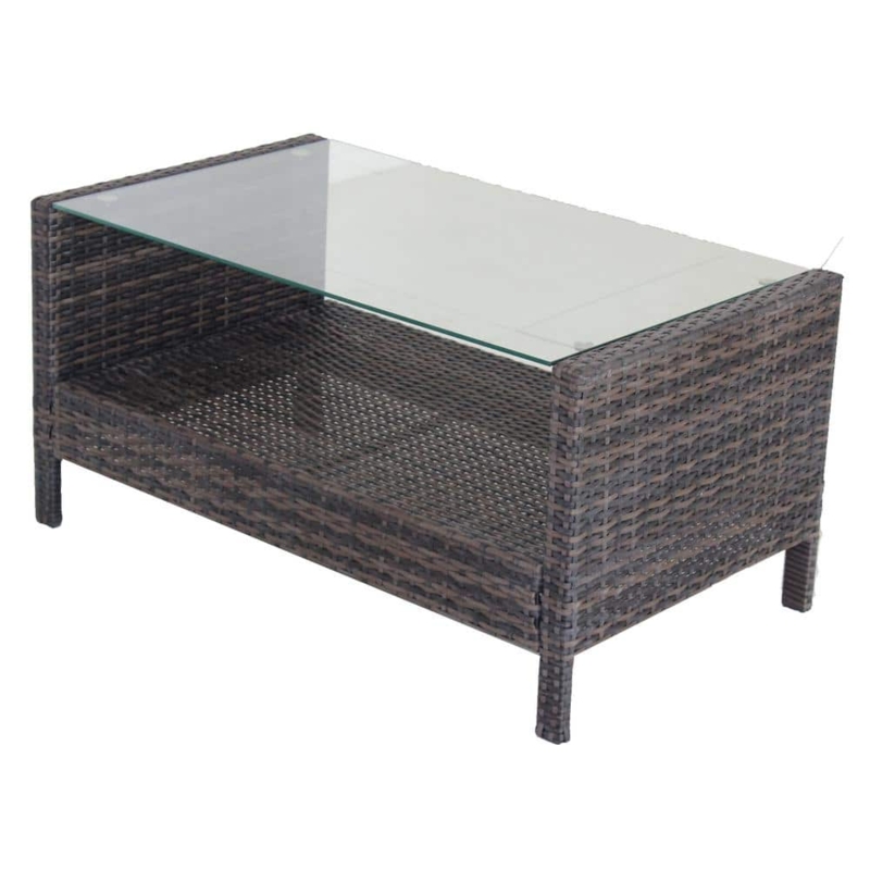 Outdoor Coffee Table Woven Wicker Base Glass Overlay Top Dark Brown