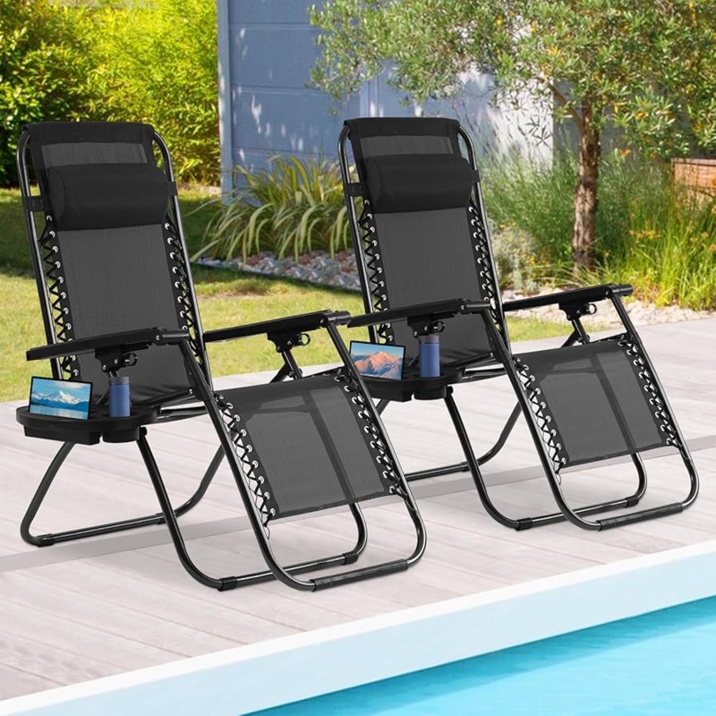 Outdoor Lounge Chair Black Mesh Folding Recliner with Side Trays