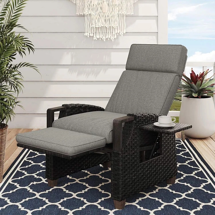 Outdoor Recliner, Charcoal Wicker with Flip-Up Side Table