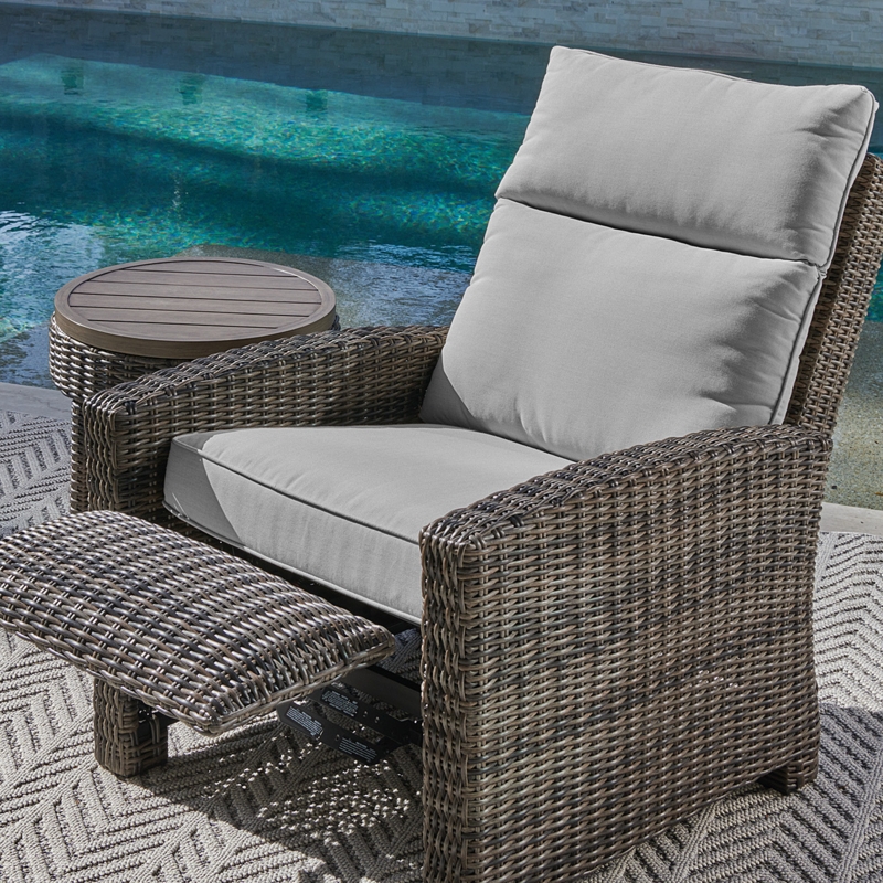 Outdoor Recliner Silver Oak Wicker Grey Cushions Set