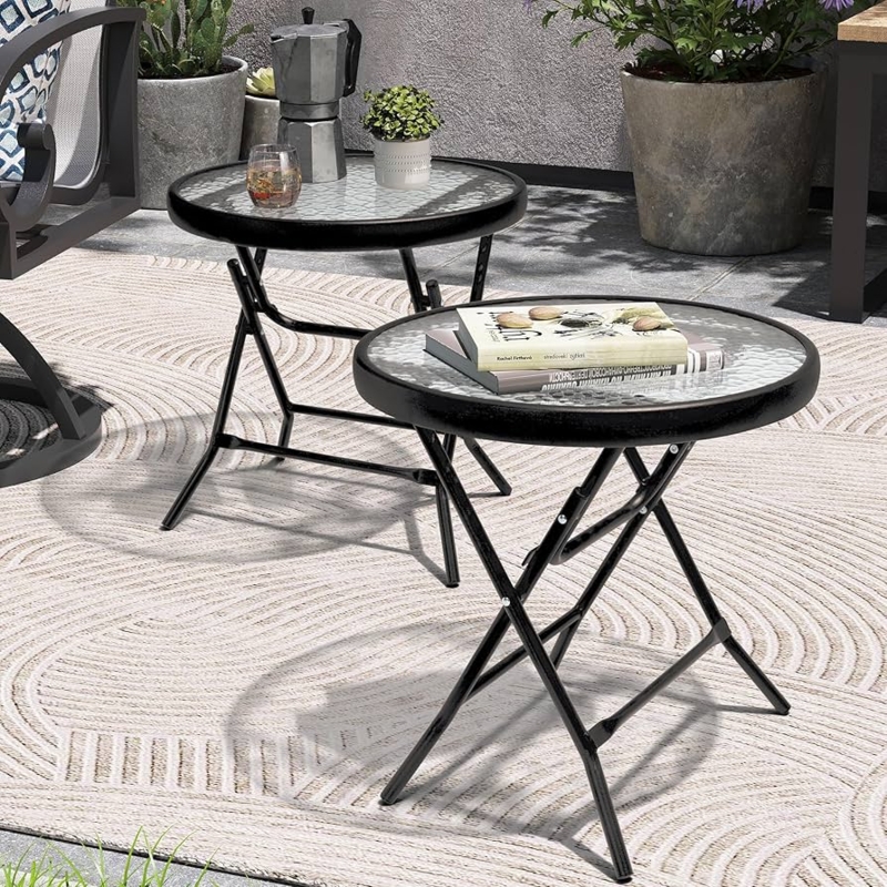 Outdoor Side Table Folding Water Ripple Glass Black Metal