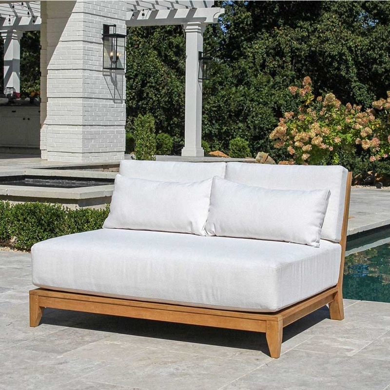 Outdoor Teak Armless Loveseat with Oversized White Cushions