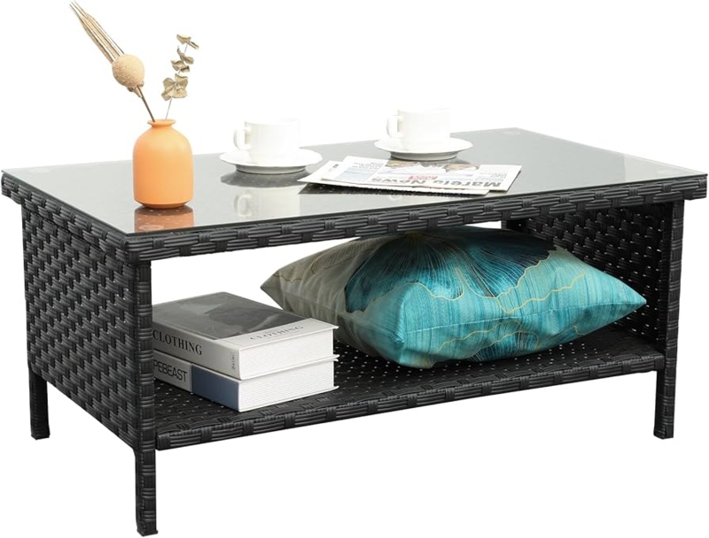 : Outdoor Wicker Coffee Table Patio Furniture Garden Rattan  2-Layer Glass Table with Storage and Furniture Cover, Black : Patio, Lawn &  Garden