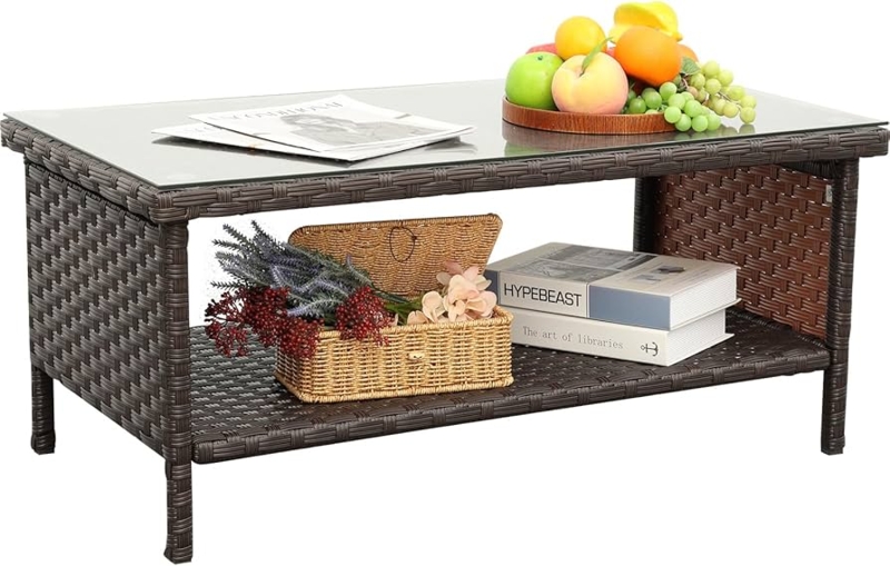 : Outdoor Wicker Coffee Table Patio Furniture Garden Rattan  2-Layer Glass Table with Storage and Furniture Cover, Brown : Patio, Lawn &  Garden