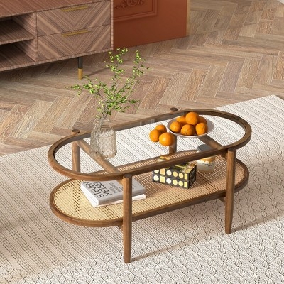 Oval Coffee Table 2-Tier Glass Top with Woven Rattan Shelf