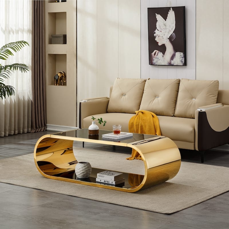 Oval Coffee Table featuring Black Glass Tiers and a Polished Frame