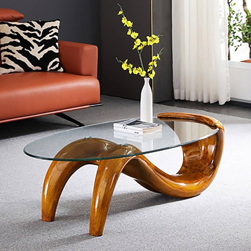 Oval Coffee Table Sculptural Base Wave Shape Glass Top Mid-Century