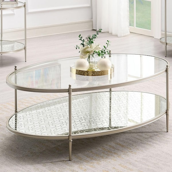 Oval Coffee Table Silver Finish Lattice Shelf Details