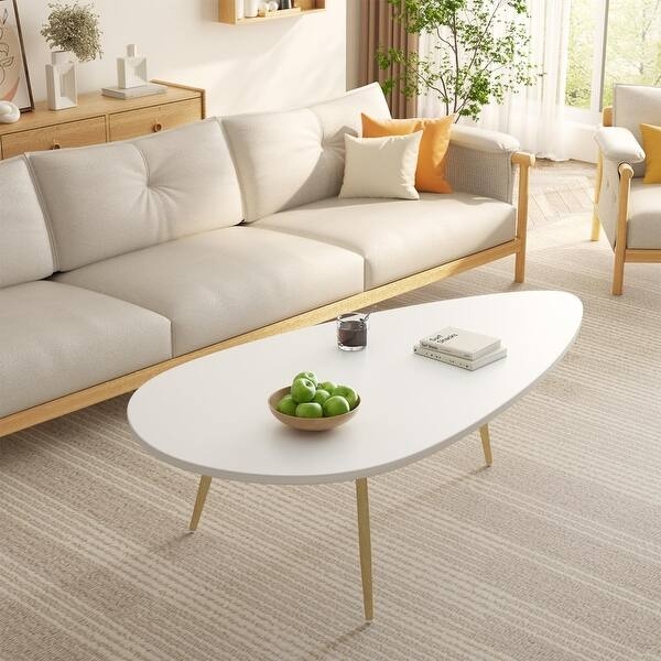 Oval Coffee Table, White Top, Light Wood Cross Brace Base, Scandinavian