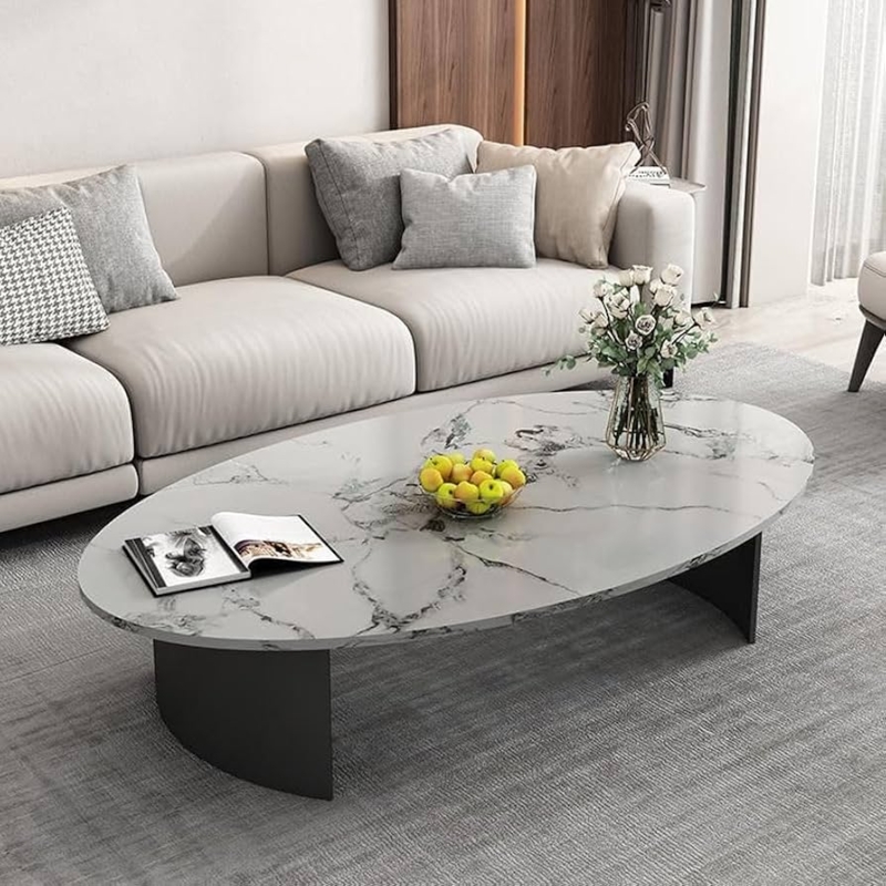 Oval Coffee Table with Curved Slab Base and Marbled Top