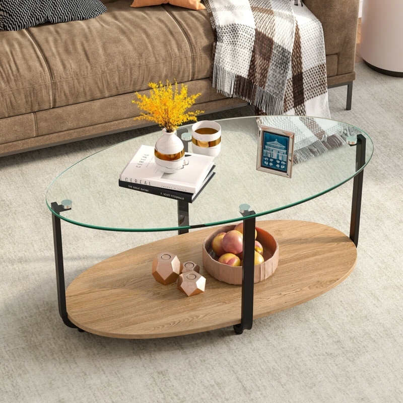 Oval Coffee Table with Layered Storage and Slim Black Frame