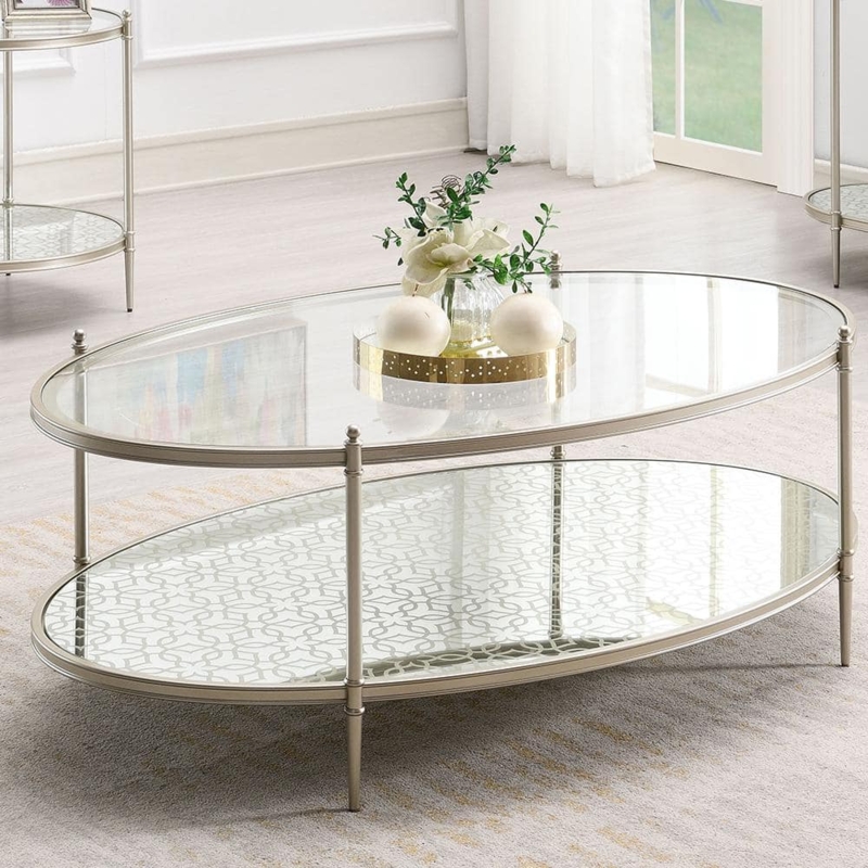 Oval Coffee Table with Patterned Mirrored Shelf and Champagne Finish