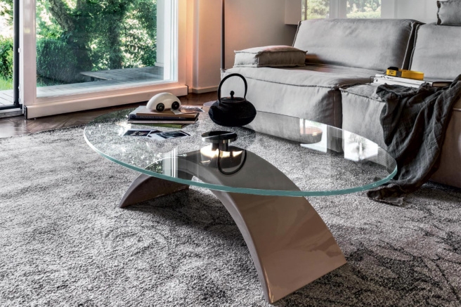 Oval Coffee Table with Sculptural Curved Base and Glass Top