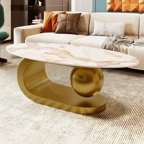 Oval Coffee Table with Spherical Base Support and Marble Pattern