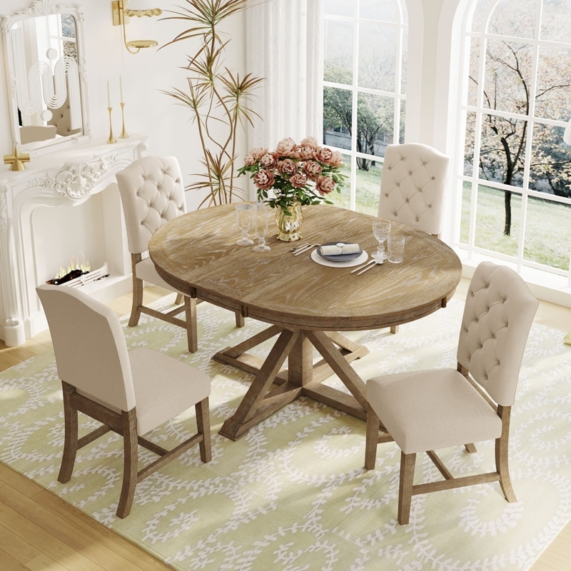 Oval Dining Set Extendable Wood Table Cross Base Tufted Cream Chairs