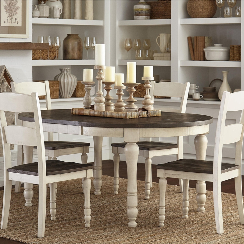 Oval Dining Set with Two-Tone Distressed Finish and Turned Legs