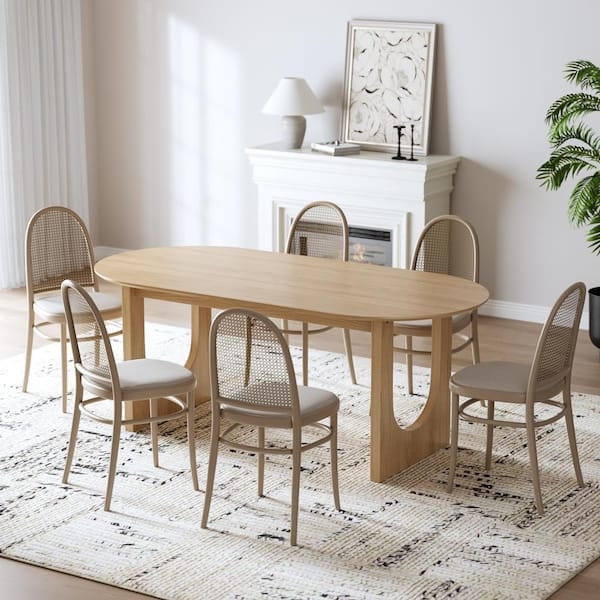 Oval Dining Table Arched Double Pedestal Light Oak Cane Back Set
