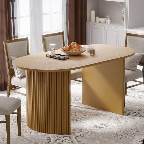 Oval Dining Table Asymmetric Ribbed and Slab Pedestal Base Natural Oak