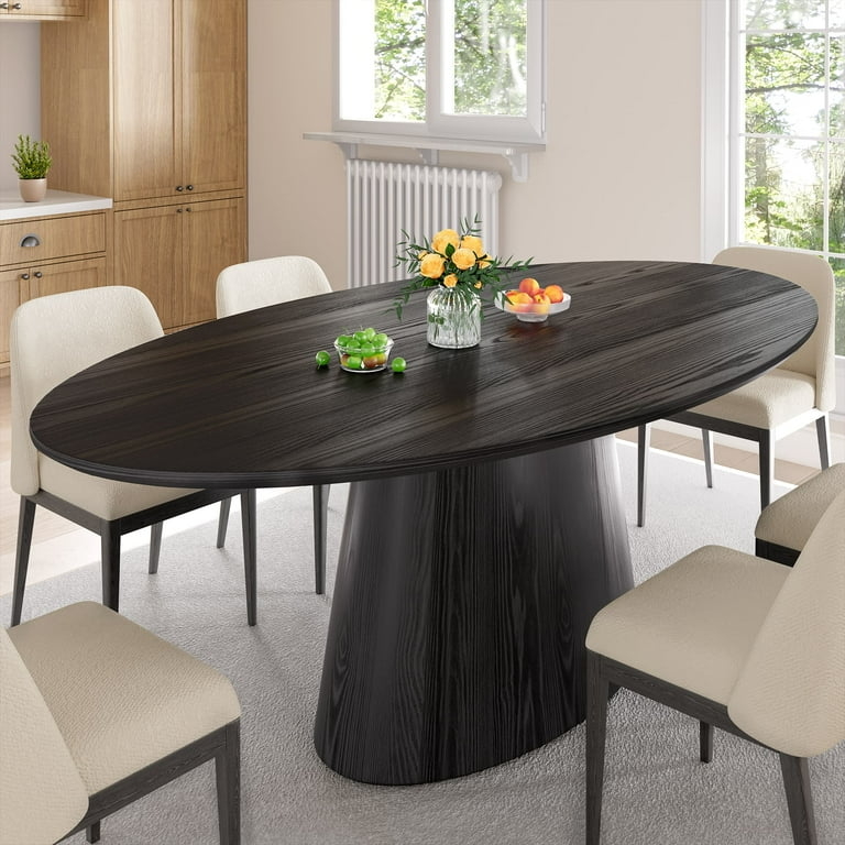 Oval Dining Table Black Wood Tapered Pedestal Base Wood Grain
