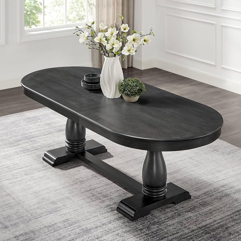 Oval Dining Table Charcoal Finish Double Pedestal Trestle Base Farmhouse