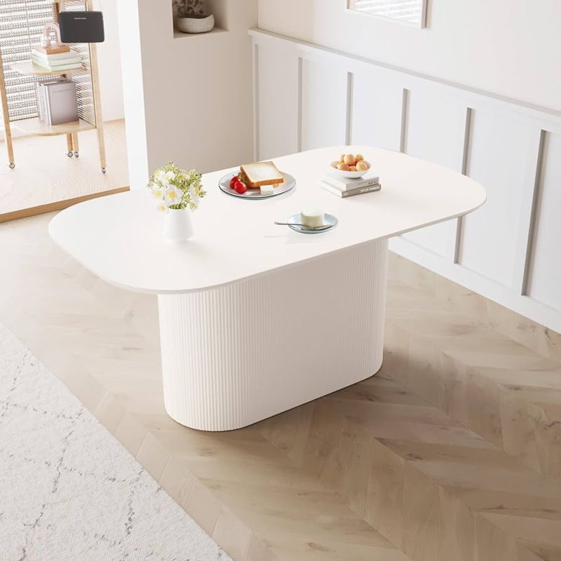 Oval Dining Table Cream White Fluted Pedestal Minimalist Design